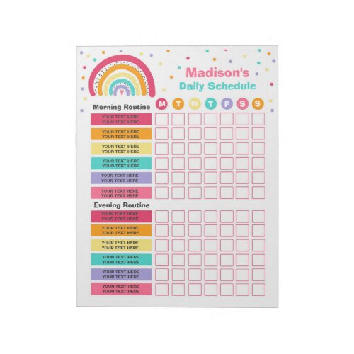 Personalized Kids Rainbow Daily Schedule Routine Notepad