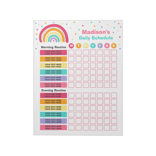 Personalized Kids Rainbow Daily Schedule Routine Notepad (Rotated)