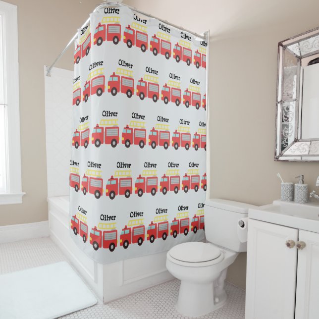 Personalized Kids Red Fire Truck  Shower Curtain (In Situ)
