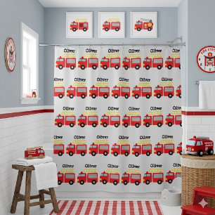 Personalized Kids Red Fire Truck  Shower Curtain