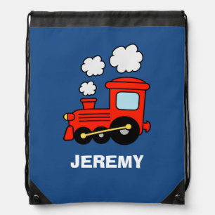 Personalized kids red toy train drawstring bag