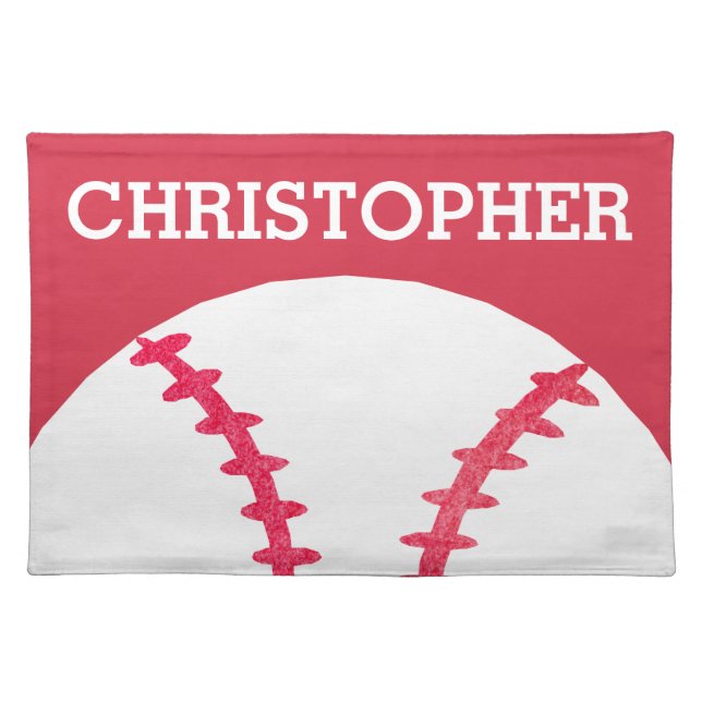 Personalized Kids Red White Baseball Sports Cloth Placemat (Front)