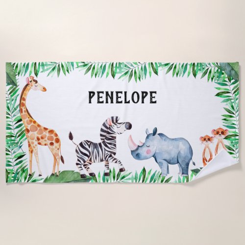 Personalized Kids Safari Animal Watercolor Cute Beach Towel