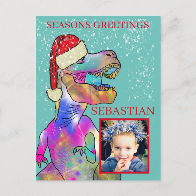 Personalized Kids Santa dinosaur photo Holiday Postcard (Front)