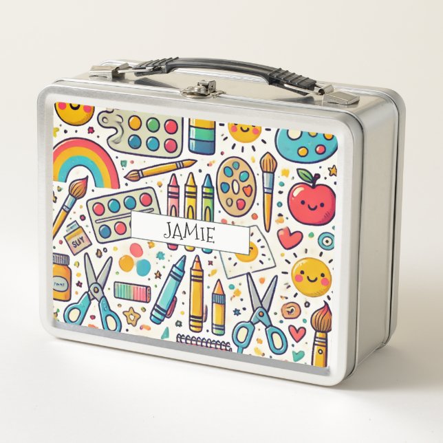 Personalized Kid's School Art Supplies Metal Lunch Box (Front)
