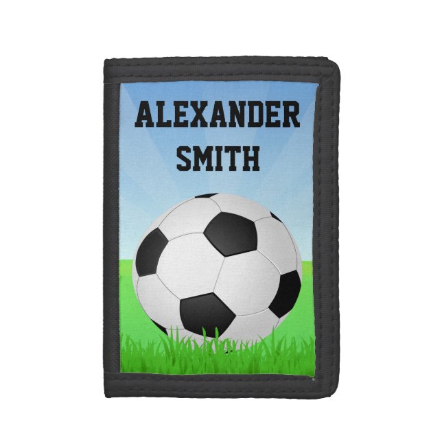 Personalized Kids Soccer Ball Green Grass Tri-fold Wallet (Front Vertical)