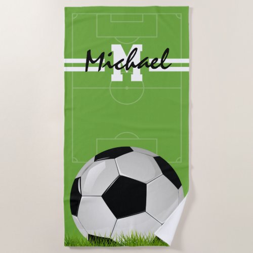 Personalized Kids Soccer Football Monogram Beach Towel - Personalized kids beach towel featuring a green background that can be changed to any color, a soccer pitch, your initials, name and a football.