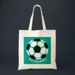 Personalized Kids Soccer Sports Green Sport Tote Bag<br><div class="desc">Personalized Kids Soccer Sports Green Sport Tote Bag. Cute sports themed tote bag for a girl or boy. Personalize with child's name in curved font below a black and white geometric soccer ball. Bright green background. Great for soccer lovers and goody bags for sports themed parties.</div>