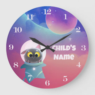 Personalized Kid's Space Cat Wall Clock