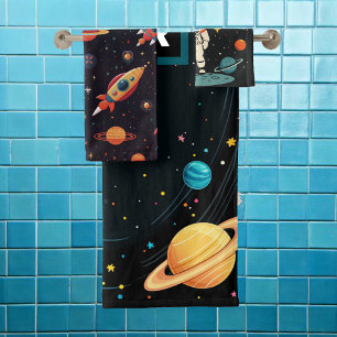 Personalized Kids Space Rocket Ship Planets Bath Towel Set