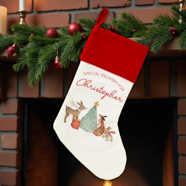Personalized Kids Special Delivery Woodland Christmas Stocking (Creator Uploaded)