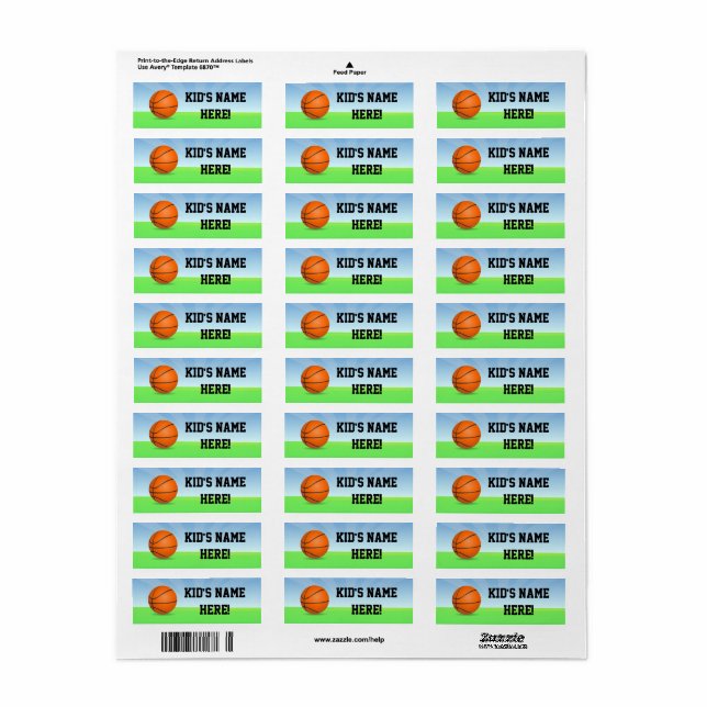 Personalized Kid's Sports Basketball Name School Label (Full Sheet)