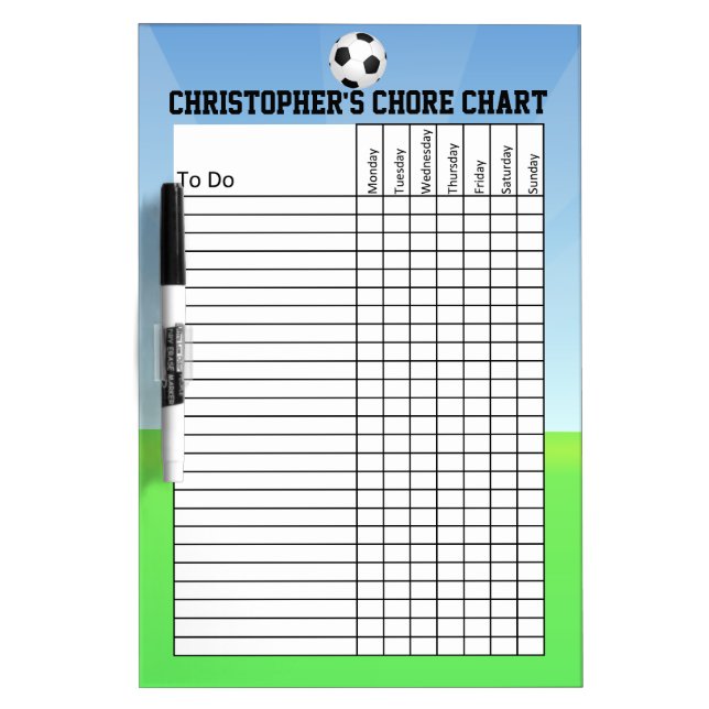 Personalized Kid's Sports Soccer Ball Chore Chart Dry Erase Board (Front)