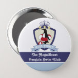 Personalized Kids Swimming Club Crest Cute Penguin Pinback Button