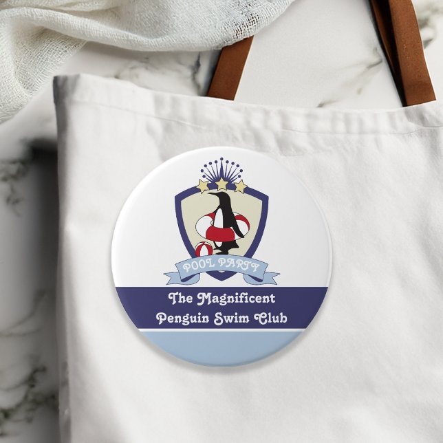 Personalized Kids Swimming Club Crest Cute Penguin Pinback Button (Creator Uploaded)