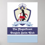 Personalized Kids Swimming Club Crest Cute Penguin Poster