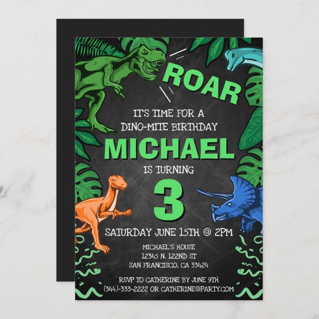 Personalized Kids Three Dinosaur Birthday Party Invitation (Front/Back)