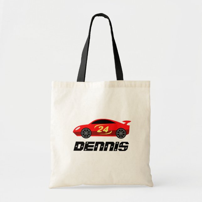 Personalized kid's tote bag with cute toy race car (Front)