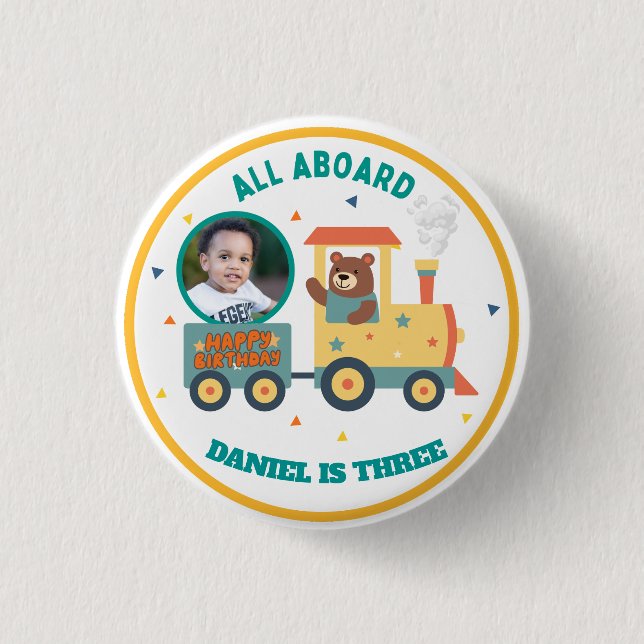 Personalized Kids Train Birthday Photo  Button (Front)