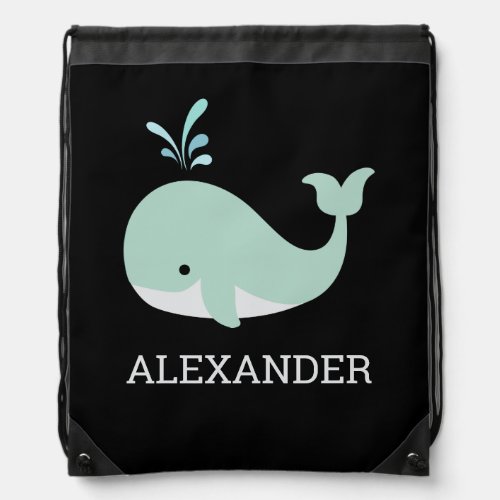 Personalized Kids Under Sea Mint Green Whale Black Drawstring Bag
