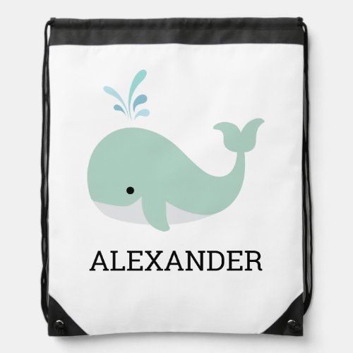 Personalized Kids Under Sea Mint Green Whale White Drawstring Bag