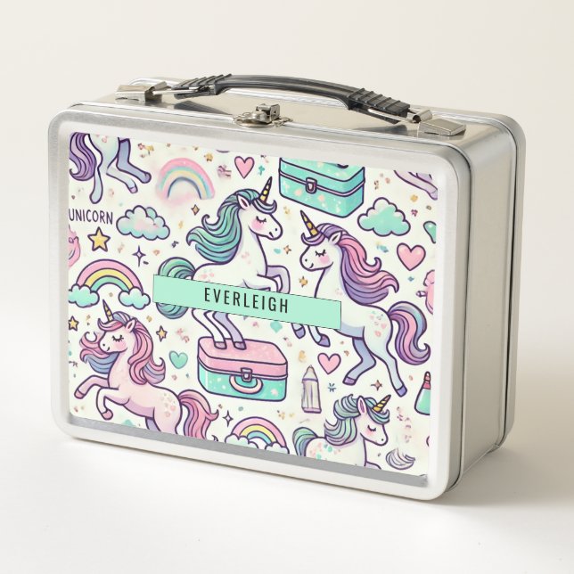 Personalized Kid's Unicorn And Rainbows Metal Lunch Box (Front)