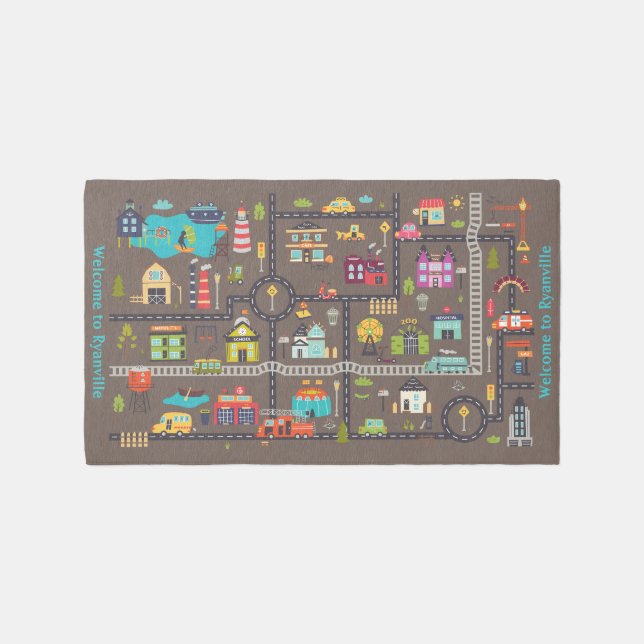 Personalized Kids Urban Explorer City Map Playroom Rug (Front)
