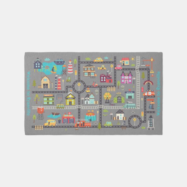 Personalized Kids Urban Explorer City Map Playroom Rug (Front)