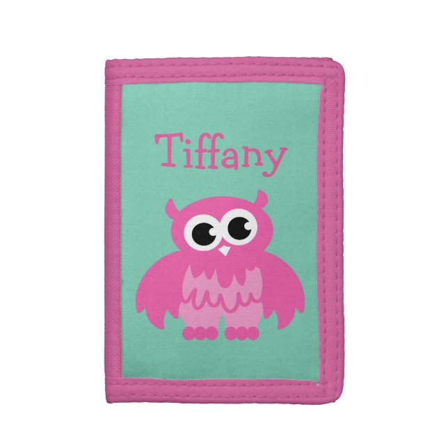 Personalized kids wallet with cute girly pink owl (Front Vertical)