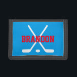 Personalized kids wallet with ice hockey sticks<br><div class="desc">Personalized kids wallet with ice hockey sticks and puck. Cute Birthday or Christmas gift idea for little boys and girls. Personalizable with name or monogram letter of your child. Make one for your son,  grandson,  nephew etc. Customizable color.</div>