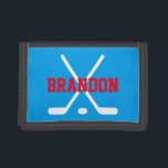 Personalized kids wallet with ice hockey sticks<br><div class="desc">Personalized kids wallet with ice hockey sticks and puck. Cute Birthday or Christmas gift idea for little boys and girls. Personalizable with name or monogram letter of your child. Make one for your son,  grandson,  nephew etc. Customizable color.</div>