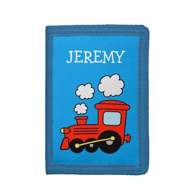 Personalized kids wallet with red choo choo train (Front Vertical)