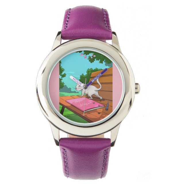 Personalized Kids Watch - Cat on the Bench Design (Front)