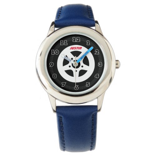 Personalized kids watch with auto racing car tire