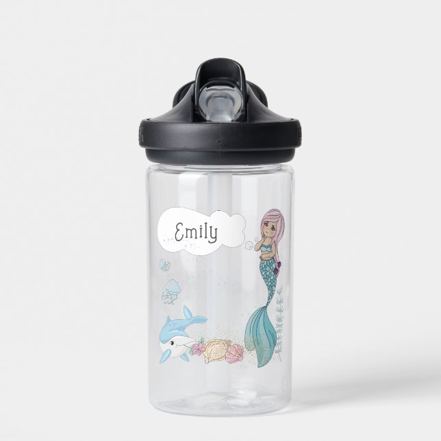 Personalized Kids Water Bottle W/Name - Mermaid (Front)