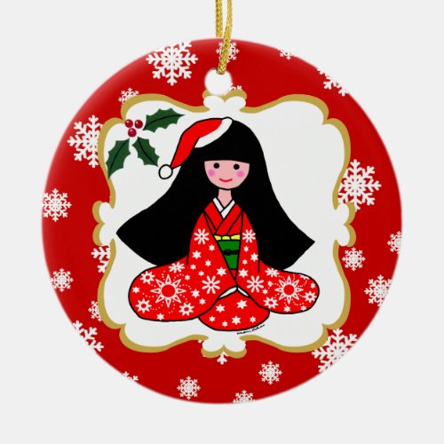 Personalized Kimono Girl Christmas Cartoon Ceramic Ornament