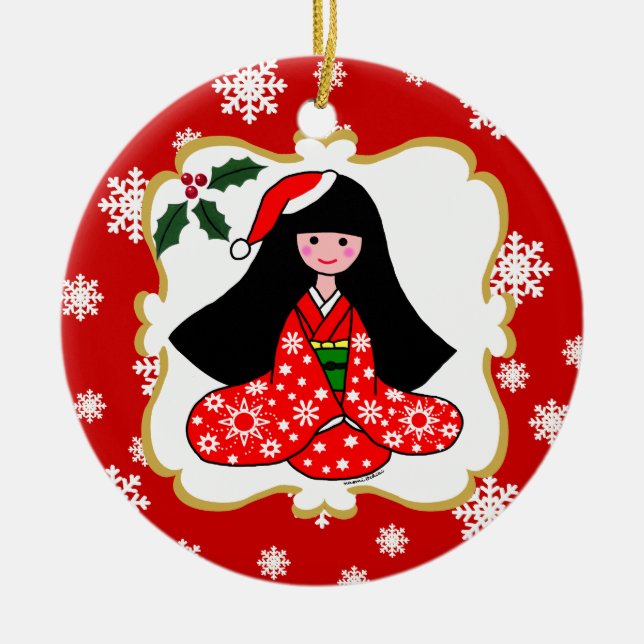 Personalized Kimono Girl Christmas Cartoon Ceramic Ornament (Front)