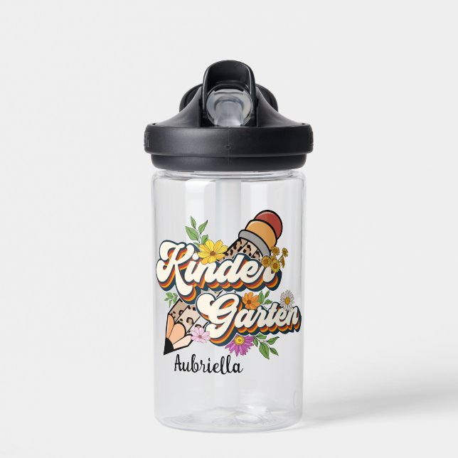 Personalized Kindergarten Floral Pencil Water Bottle (Front)