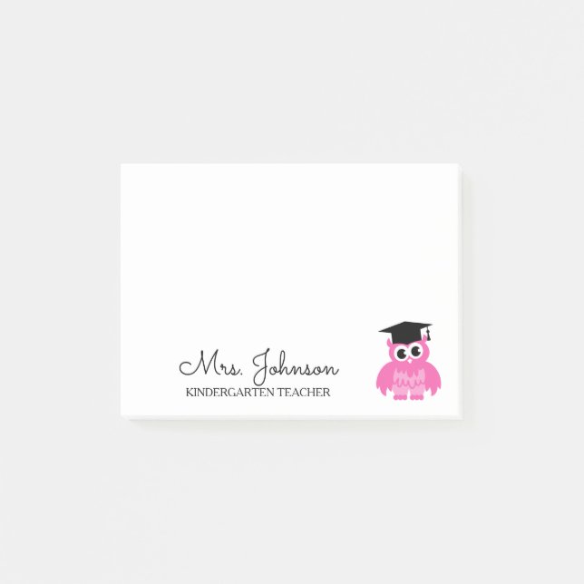 Personalized kindergarten school teacher pink owl post-it notes (Front)