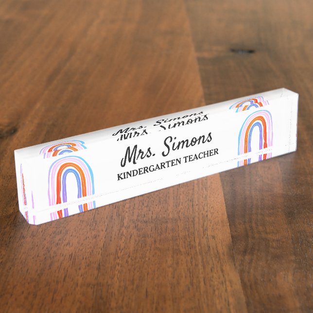 Personalized kindergarten teacher rainbow color desk name plate (Side)