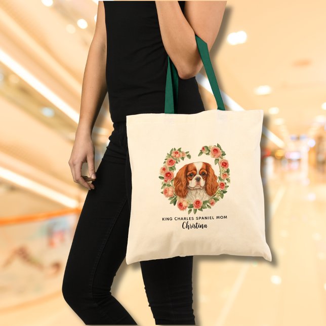Personalized King Charles Spaniel Floral Heart Tote Bag (Add Dog Name & edit text to personalize, delete if not required)