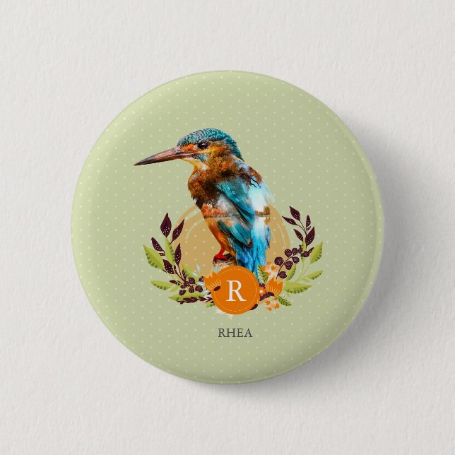 Personalized Kingfisher and Floral Design. Button (Front)