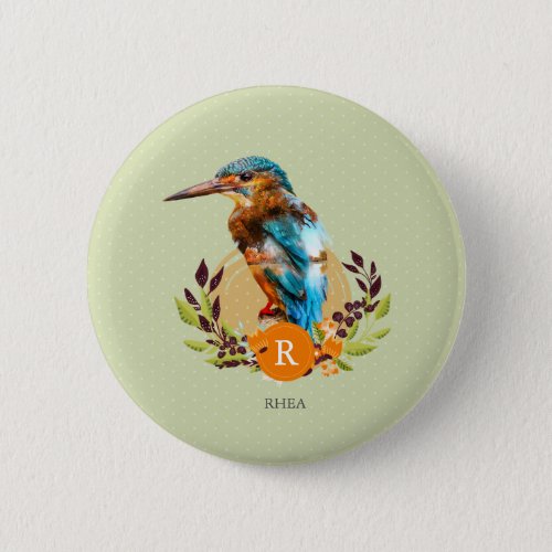 Personalized Kingfisher and Floral Design Button