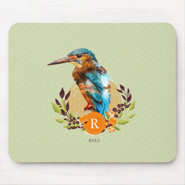 Personalized Kingfisher and Floral Design. Mouse Pad (Front)