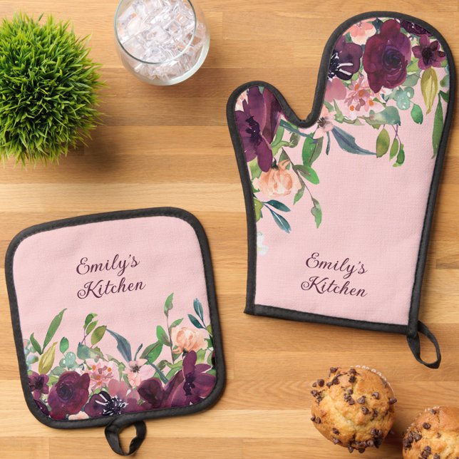 Personalized Kitchen Burgundy Pink Floral Oven Mitt & Pot Holder Set (Personalized Name Kitchen Burgundy & Blush Pink Floral Oven Mitt Set)