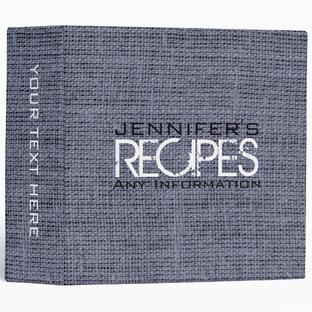 Personalized Kitchen Cooking Gray Burlap Linen 3 Ring Binder (Front/Spine)