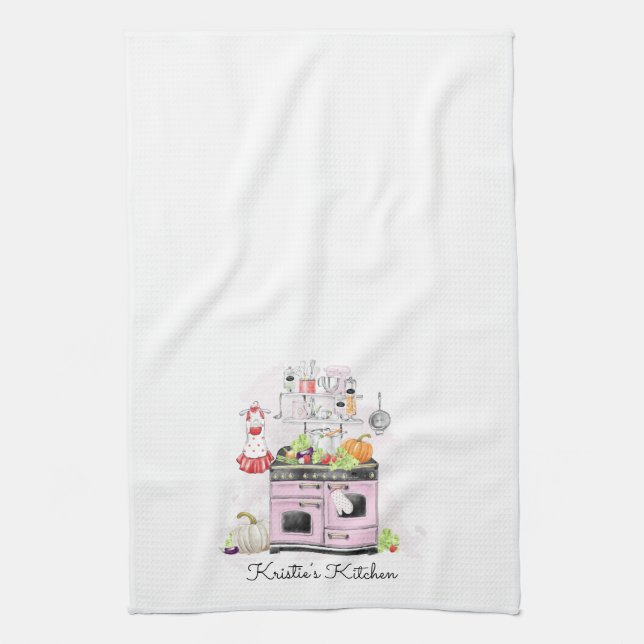 Personalized Kitchen Pink Stove Kitchen Towel (Vertical)