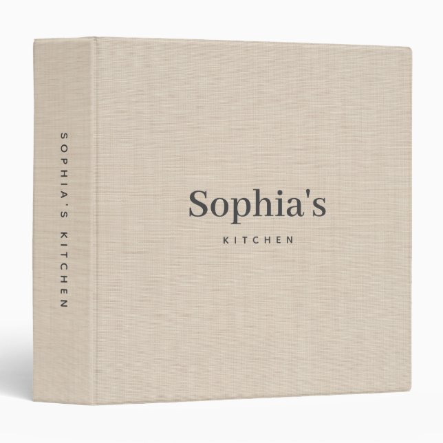 Personalized Kitchen Recipe Minimalist Beige Linen 3 Ring Binder (Front/Spine)