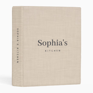 Personalized Kitchen Recipe Minimalist Beige Linen Mini Binder