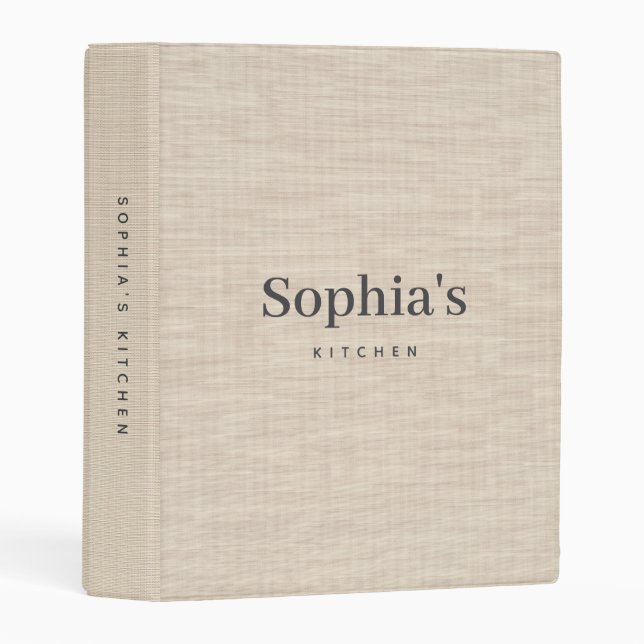 Personalized Kitchen Recipe Minimalist Beige Linen Mini Binder (Front/Spine)
